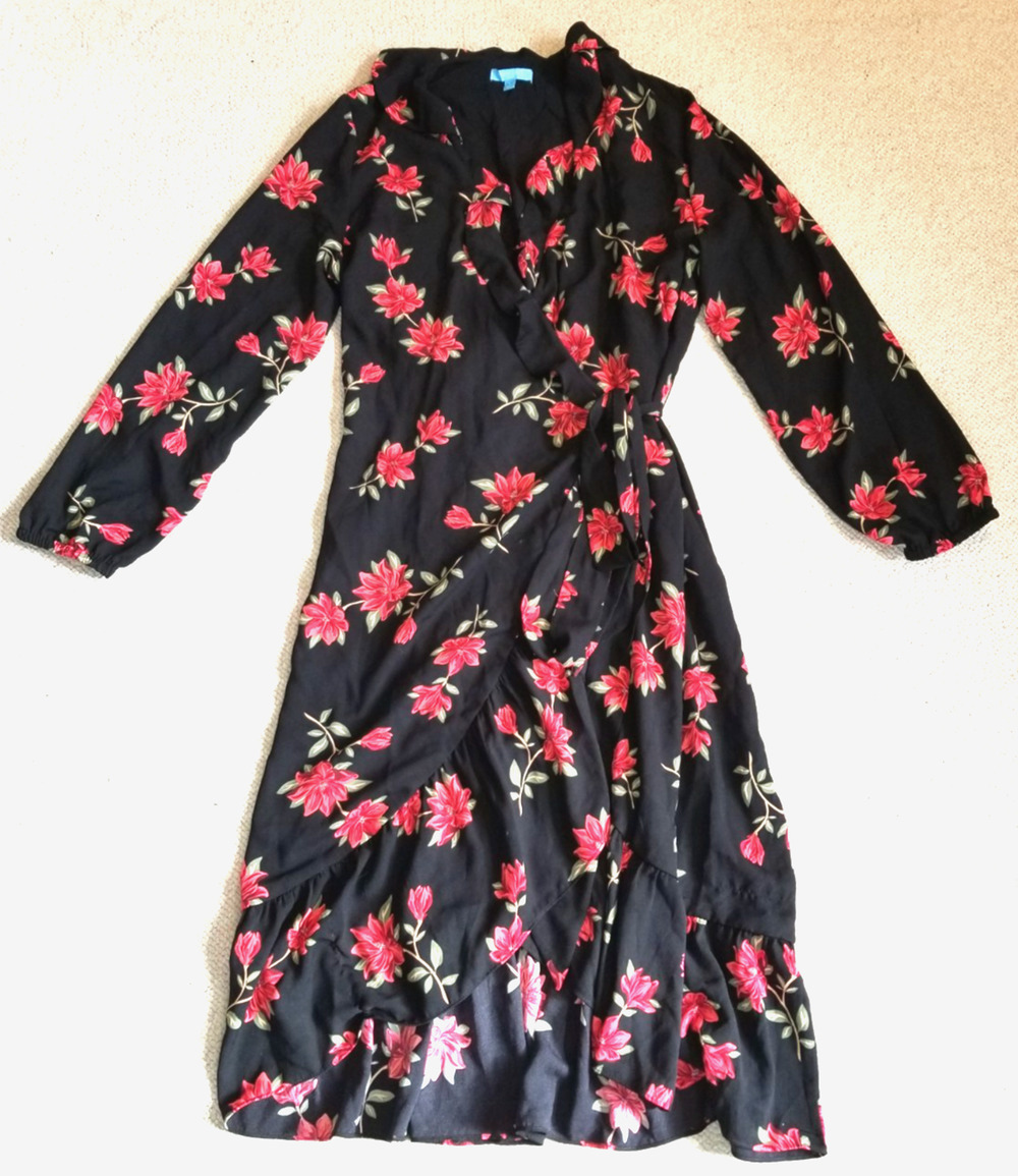 Womens Dress-DRAPER JAMES RSVP-black/red floral 'Long Sleeve Ruffle Midi' wrap-L